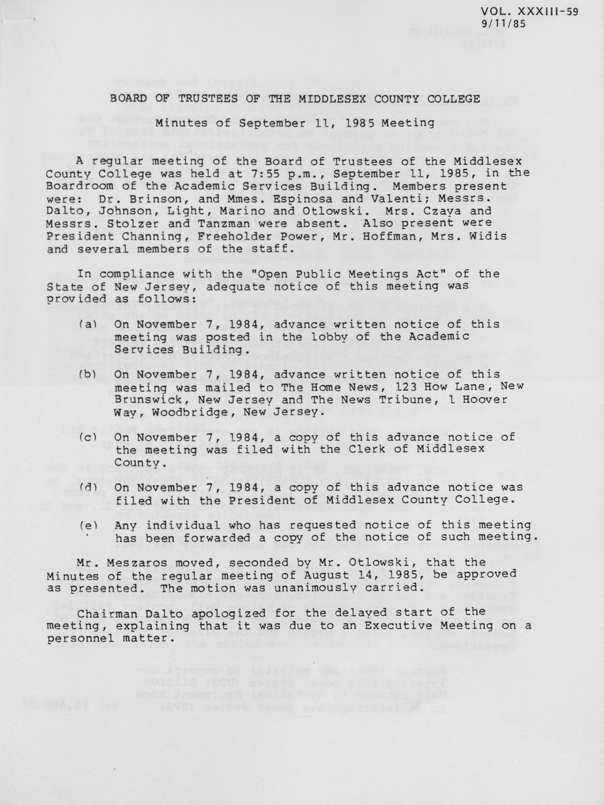 Board of Trustees Meeting Minutes September 1985 - Page 1