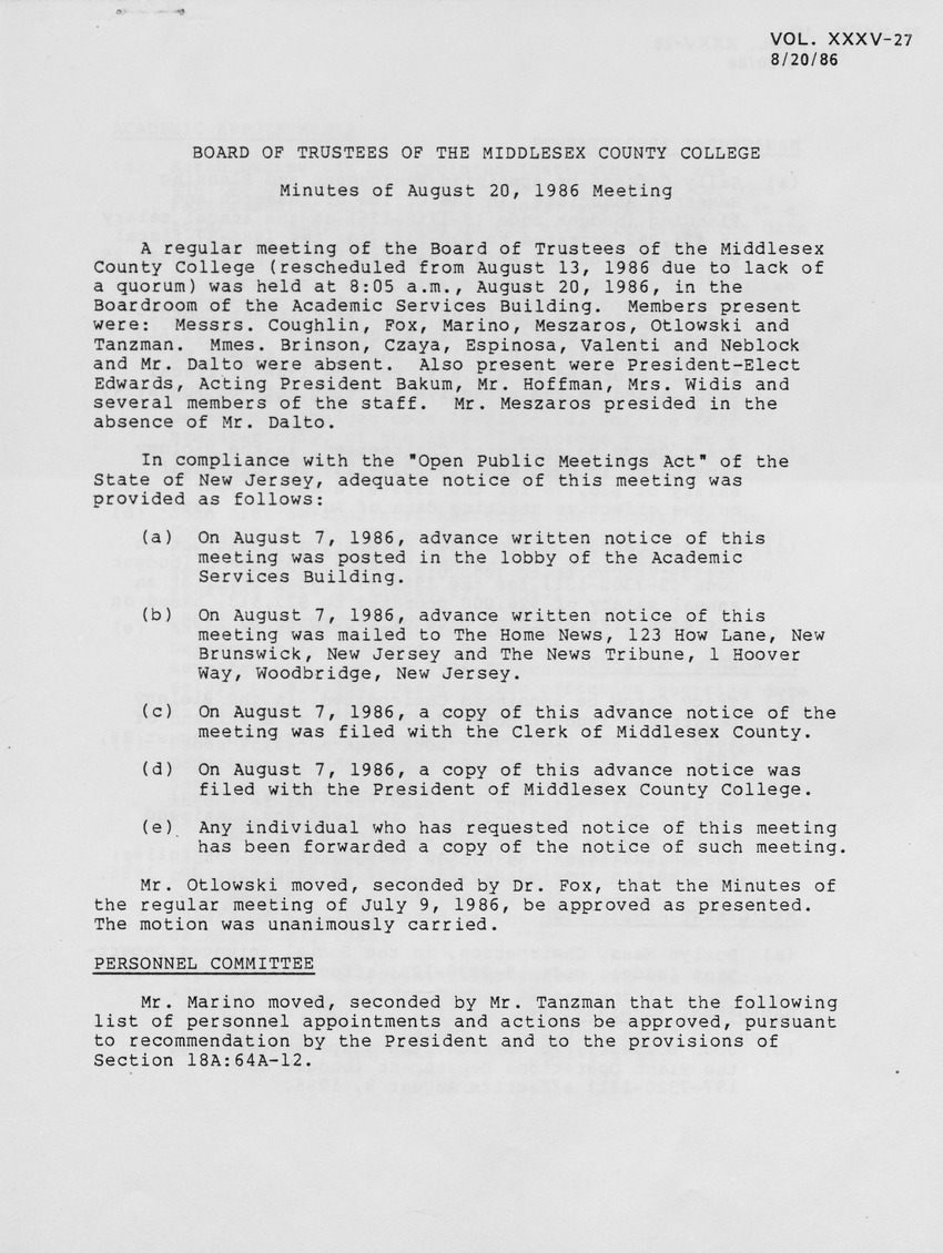 Board of Trustees Meeting Minutes August 1986 - Page 1