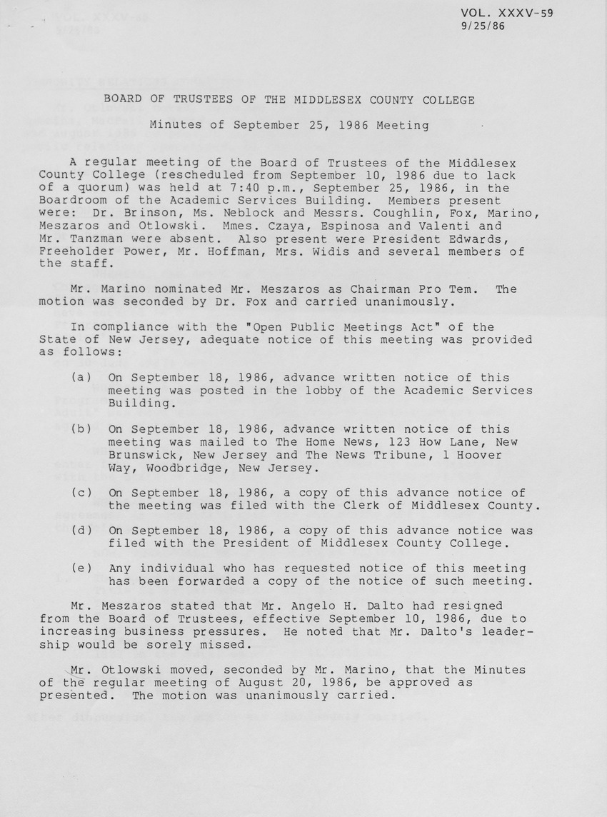 Board of Trustees Meeting Minutes September 1986 - Page 1
