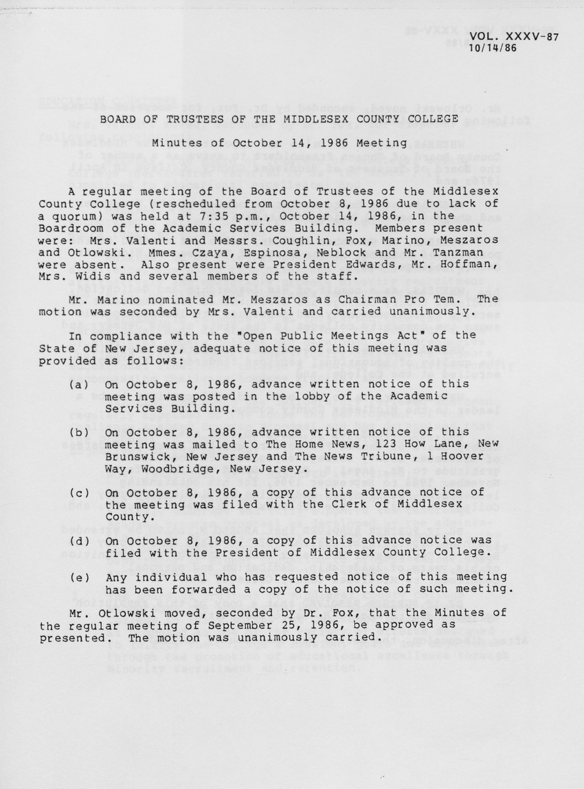 Board of Trustees Meeting Minutes October 1986 - Page 1