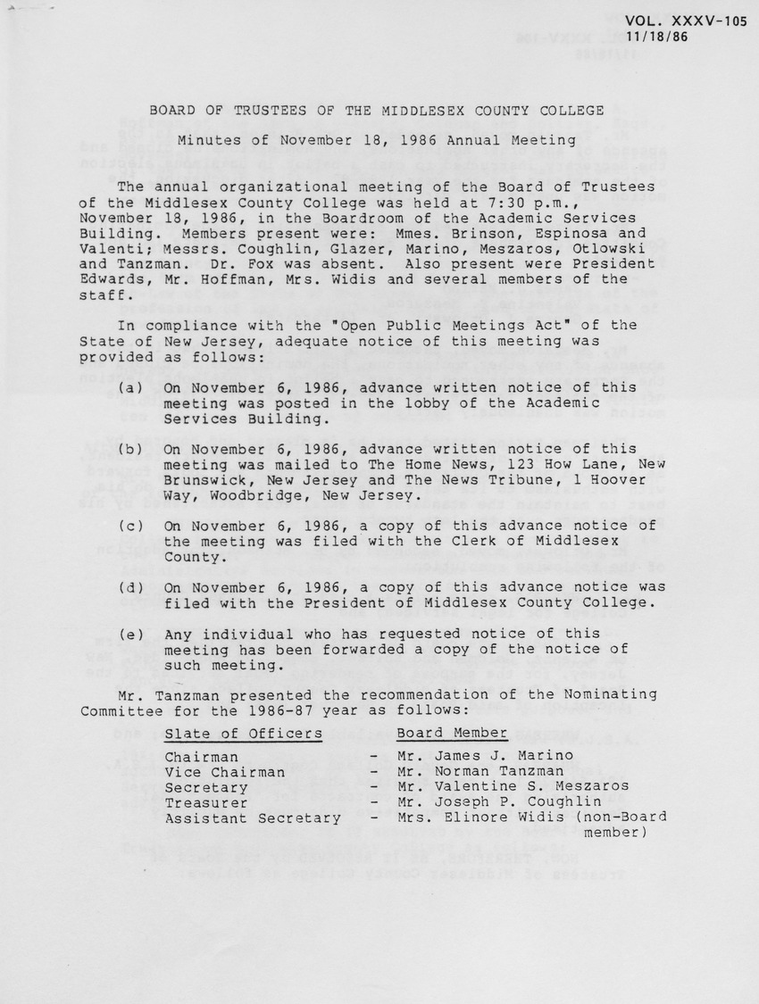 Board of Trustees Meeting Minutes November 1986 - Page 1
