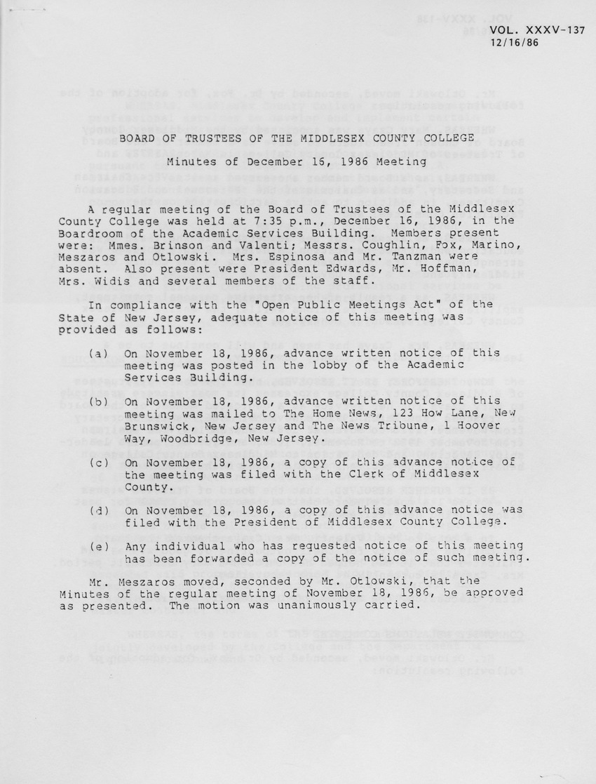 Board of Trustees Meeting Minutes December 1986 - Page 1