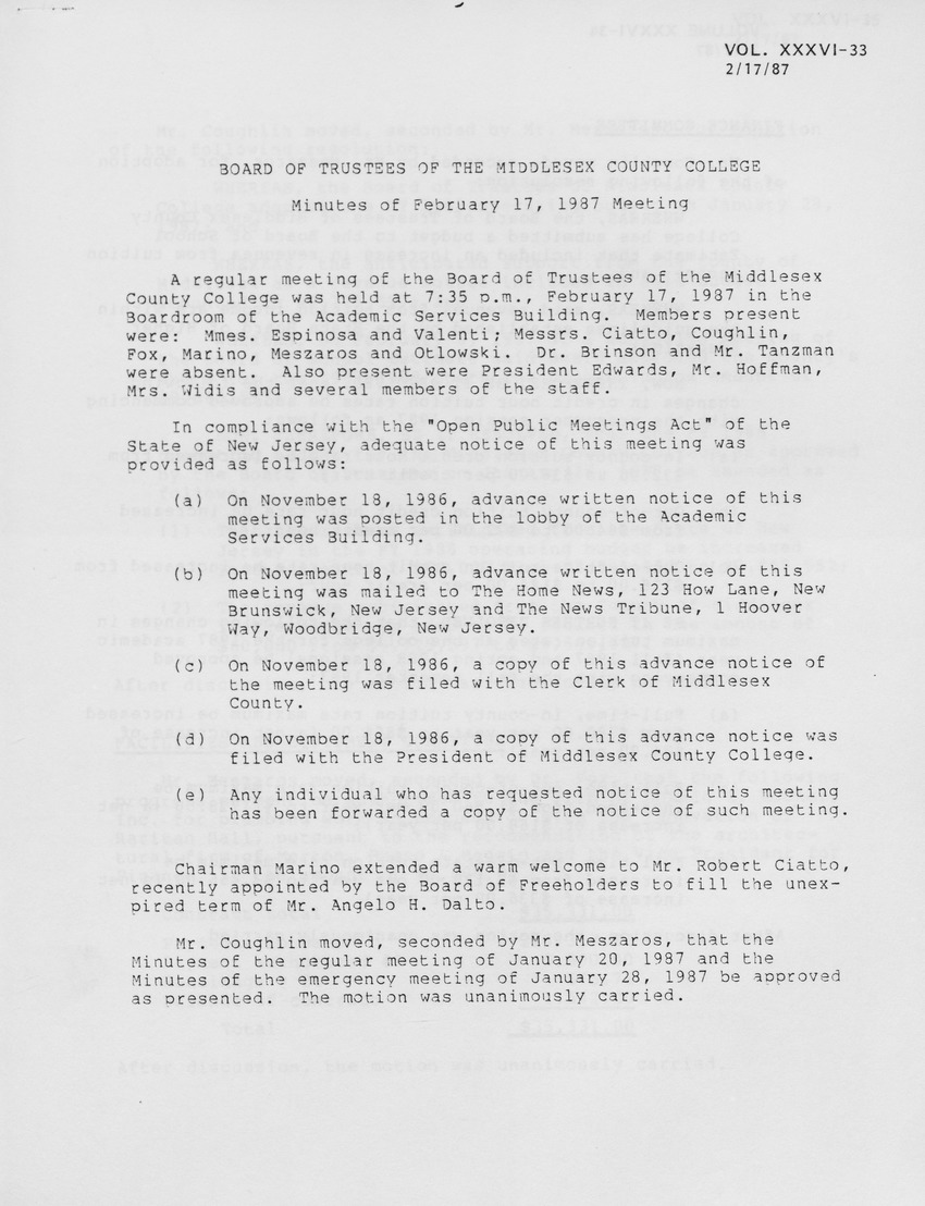 Board of Trustees Meeting Minutes February 1987 - Page 1