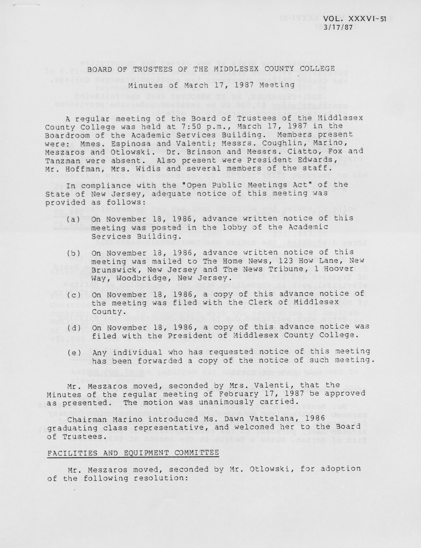 Board of Trustees Meeting Minutes March 1987 - Page 1