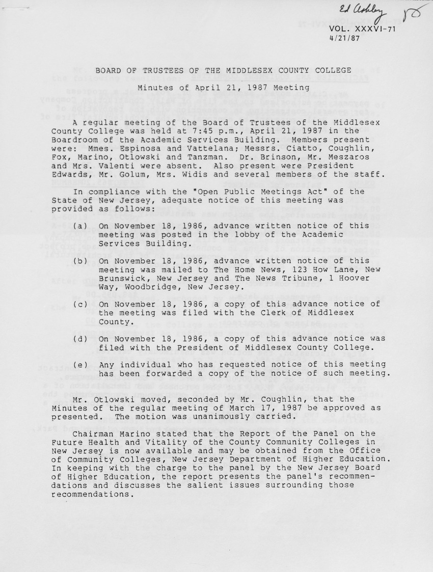 Board of Trustees Meeting Minutes April 1987 - Page 1