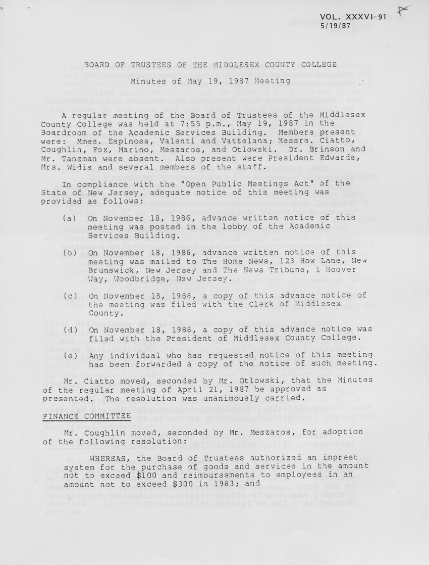 Board of Trustees Meeting Minutes May 1987 - Page 1
