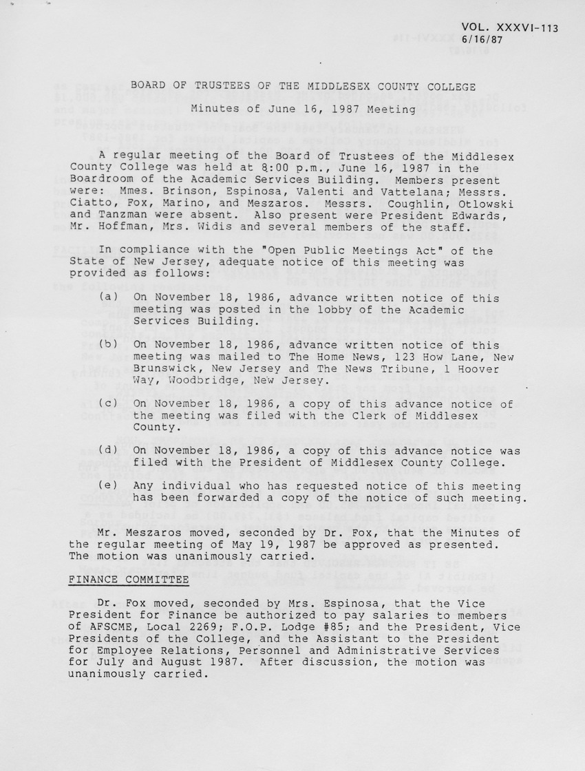 Board of Trustees Meeting Minutes June 1987 - Page 1