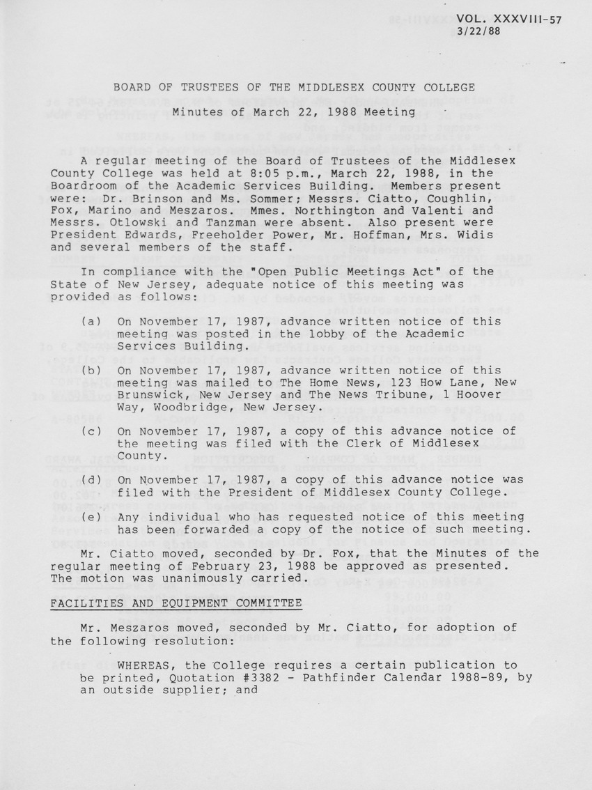 Board of Trustees Meeting Minutes March 1988 - Page 1