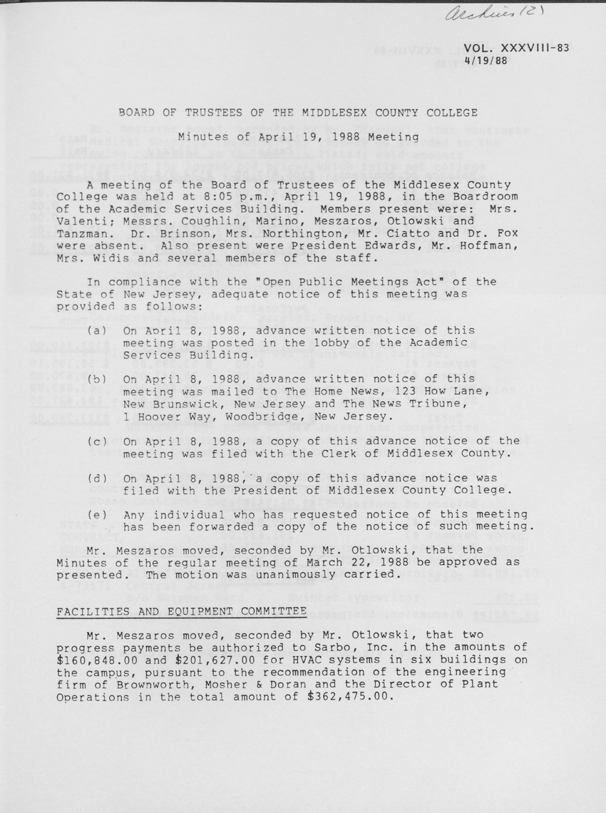 Board of Trustees Meeting Minutes April 1988 - Page 1