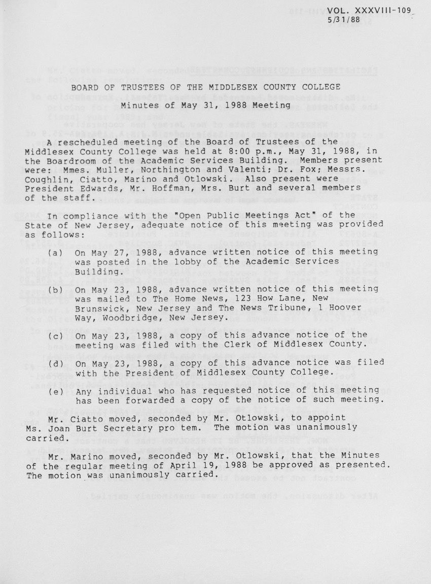 Board of Trustees Meeting Minutes May 1988 - Page 1