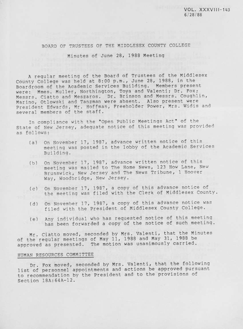Board of Trustees Meeting Minutes June 1988 - Page 1