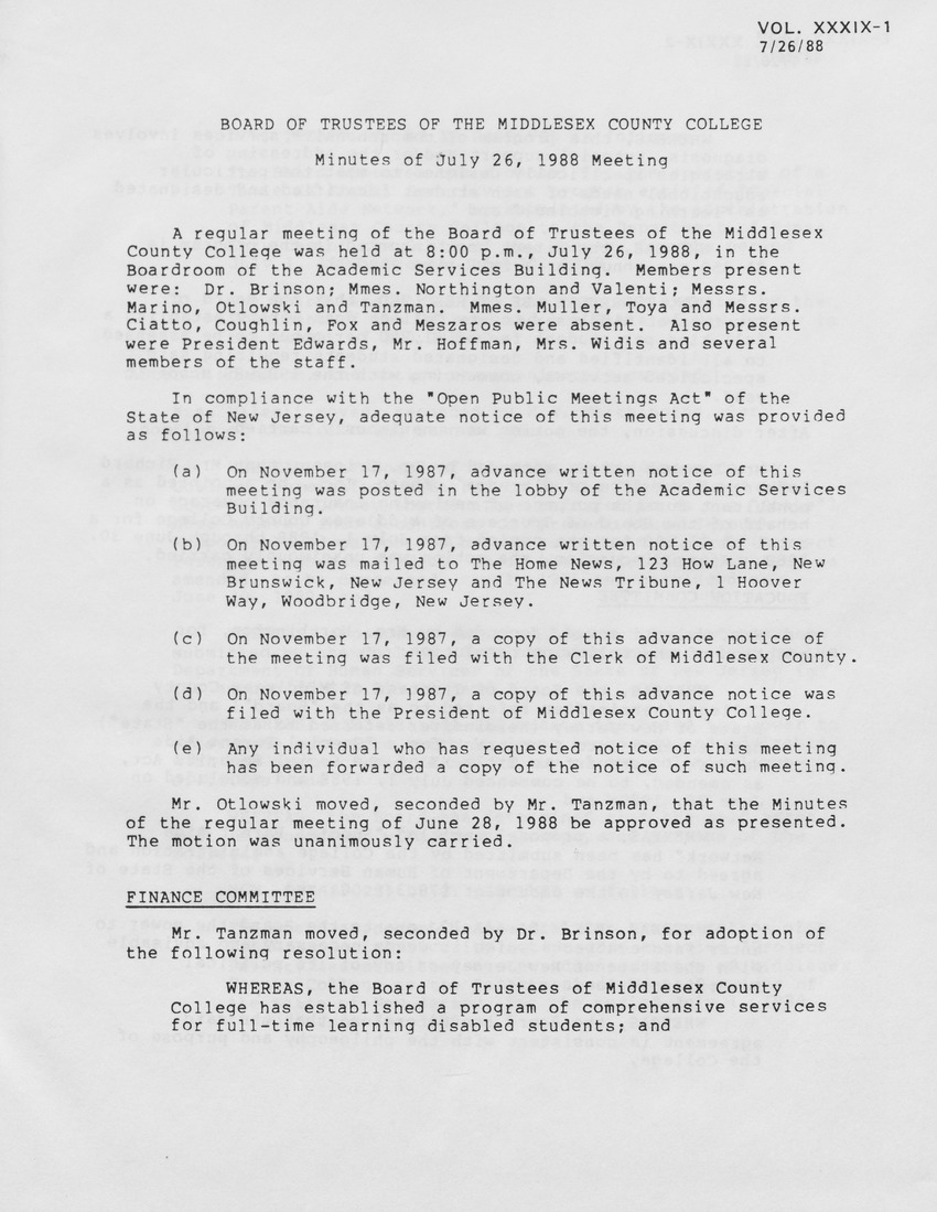 Board of Trustees Meeting Minutes July 1988 - Page 1