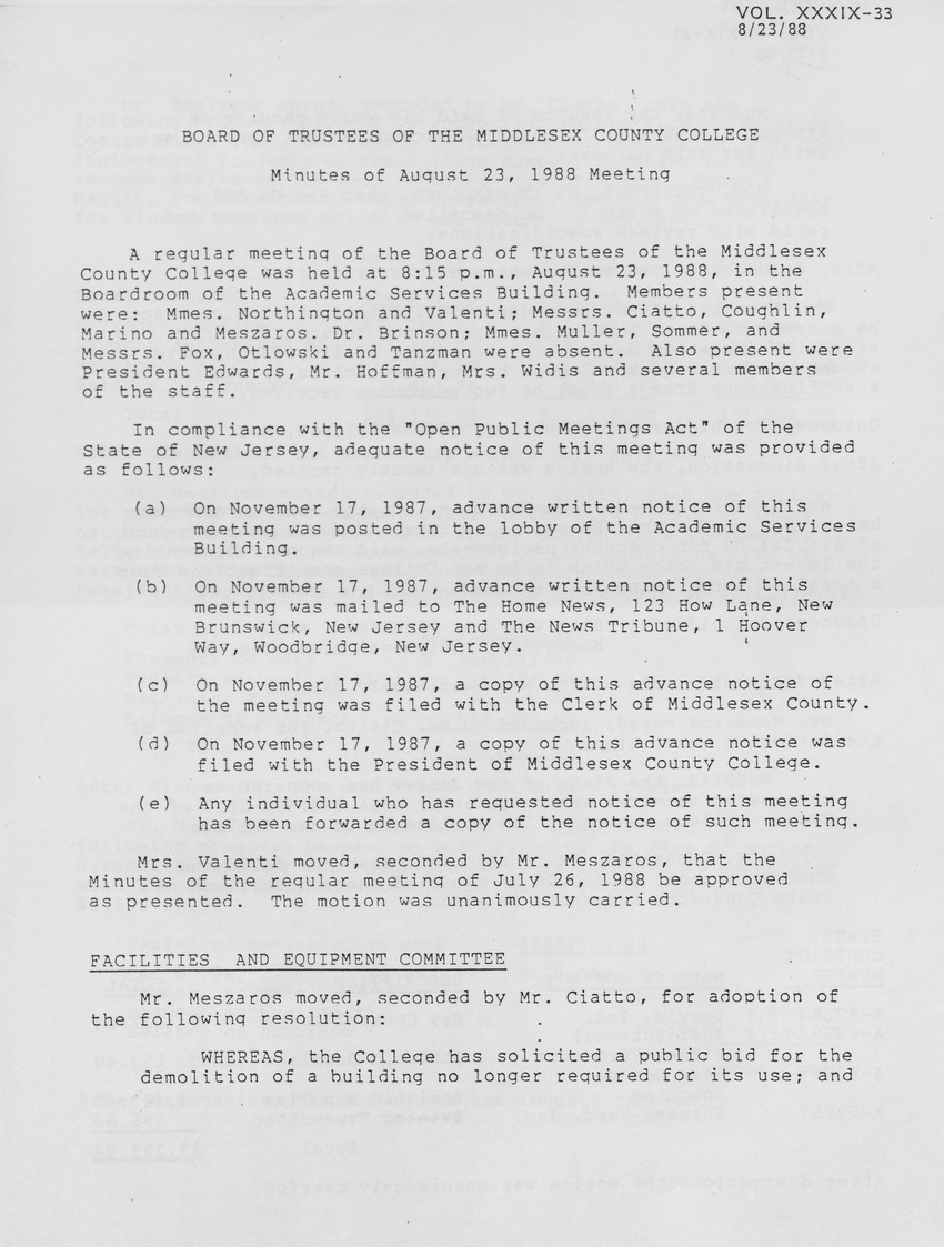 Board of Trustees Meeting Minutes August 1988 - Page 1