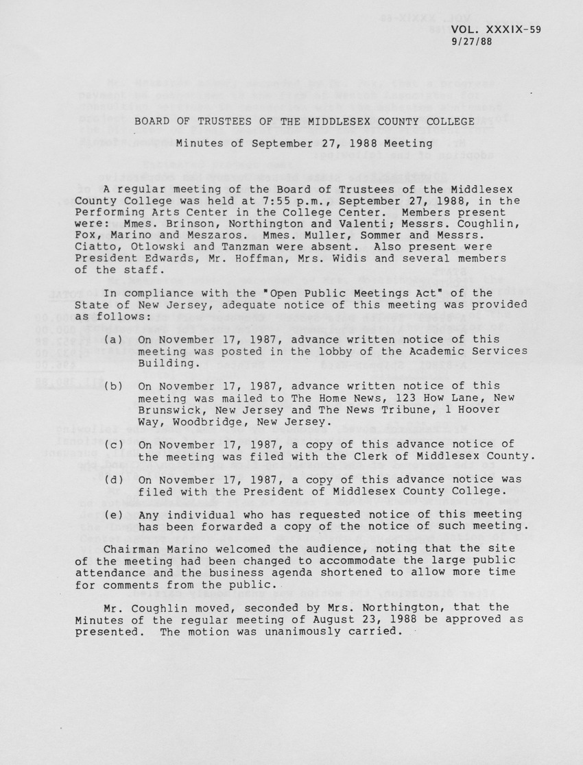 Board of Trustees Meeting Minutes September 1988 - Page 1