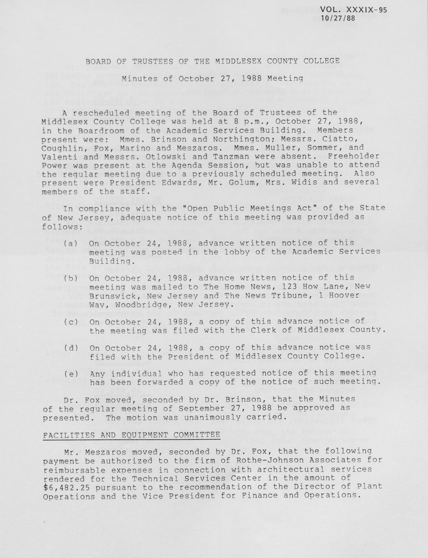 Board of Trustees Meeting Minutes October 1988 - Page 1