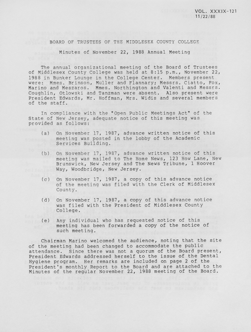 Board of Trustees Meeting Minutes November 1988 - Page 1