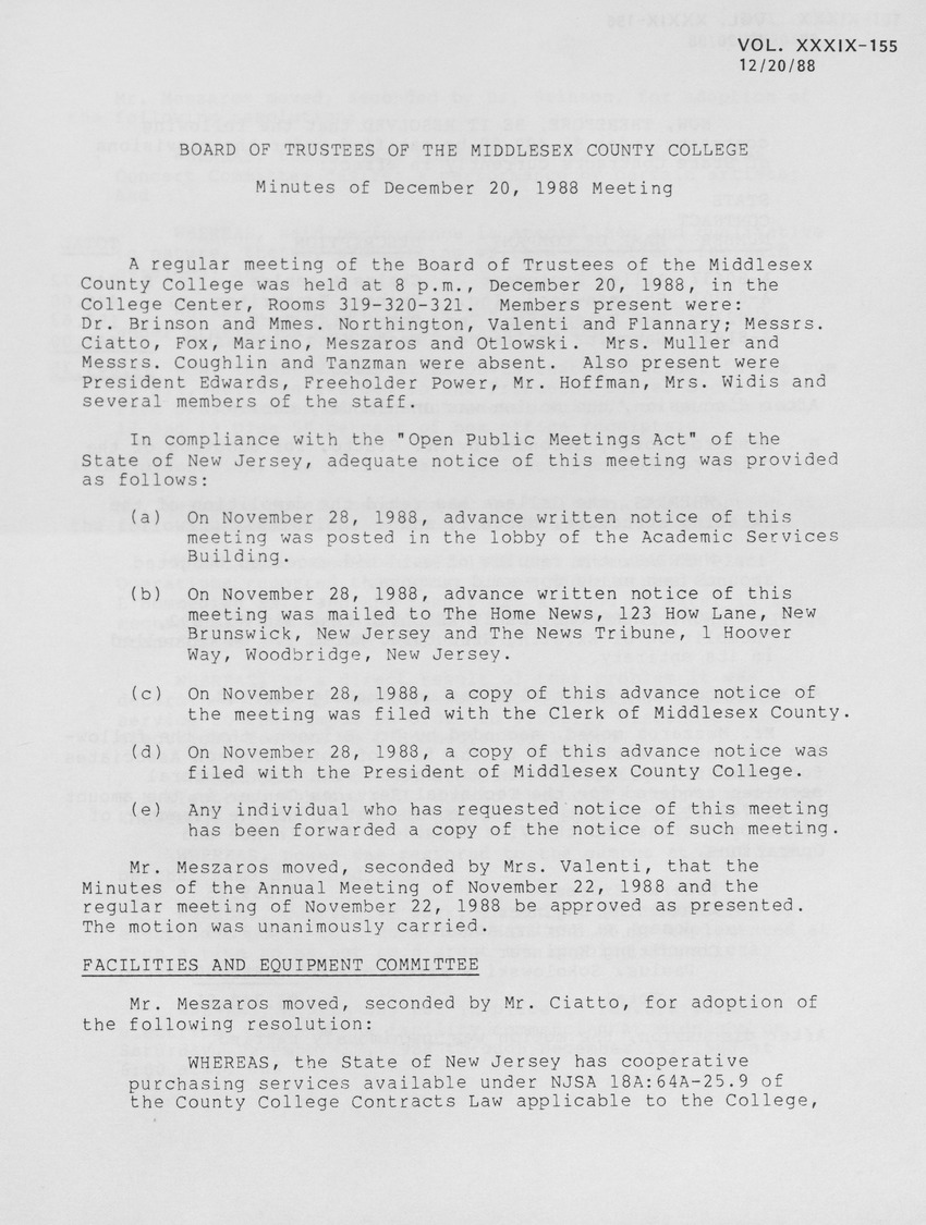 Board of Trustees Meeting Minutes December 1988 - Page 1
