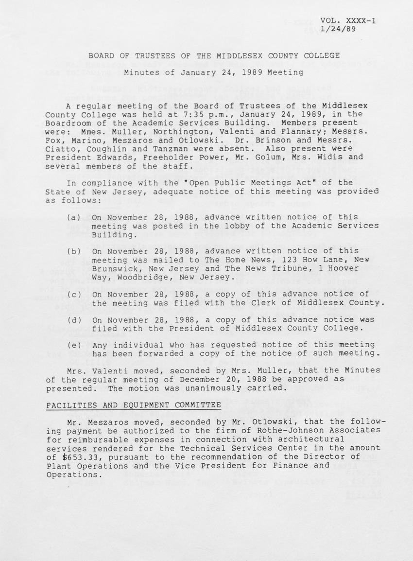 Board of Trustees Meeting Minutes January 1989 - Page 1