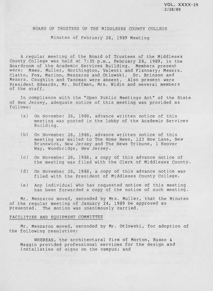 Board of Trustees Meeting Minutes February 1989 - Page 1