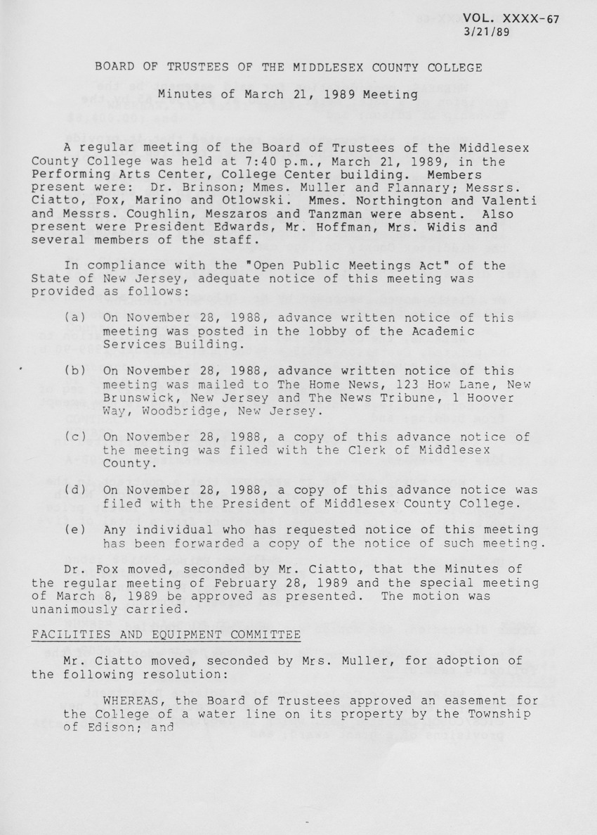 Board of Trustees Meeting Minutes March 1989 - Page 1