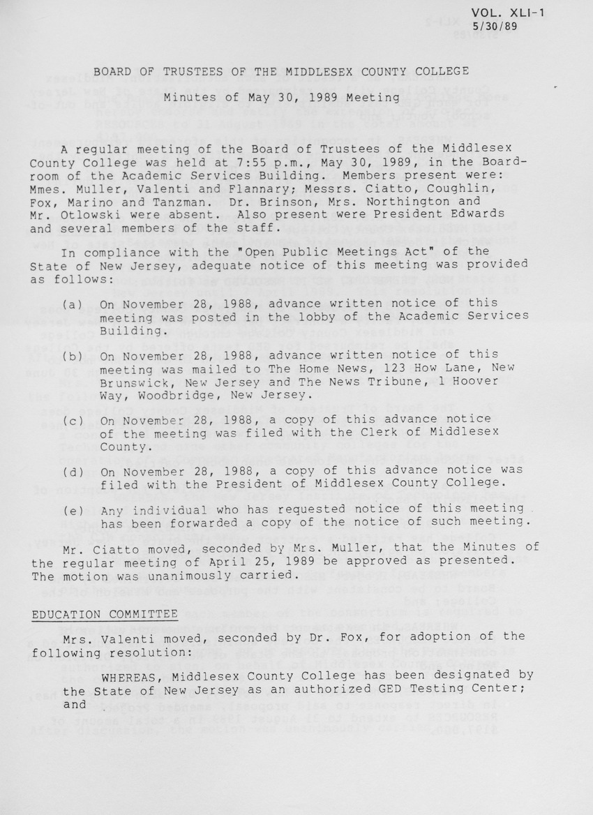 Board of Trustees Meeting Minutes May 1989 - Page 1