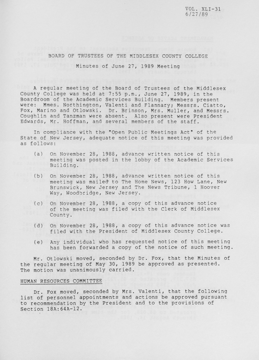 Board of Trustees Meeting Minutes June 1989 - Page 1