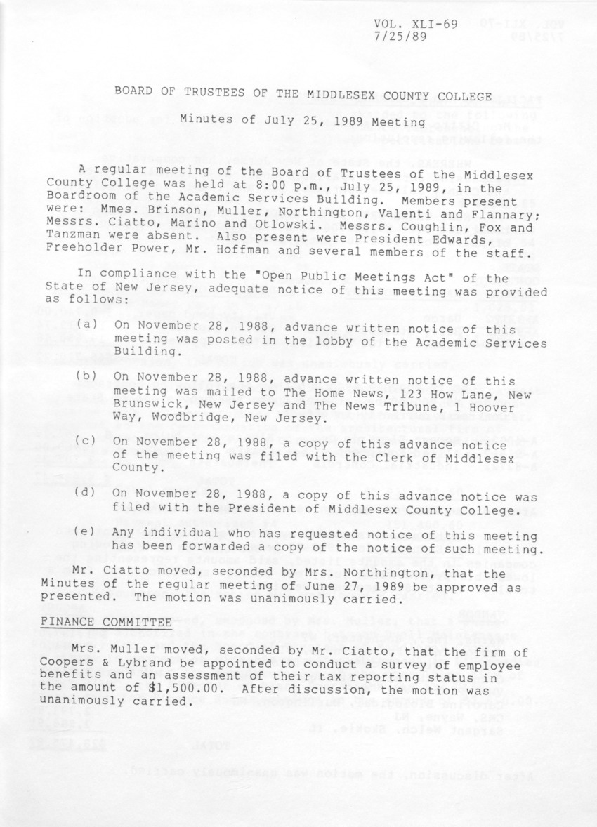 Board of Trustees Meeting Minutes July 1989 - Page 1
