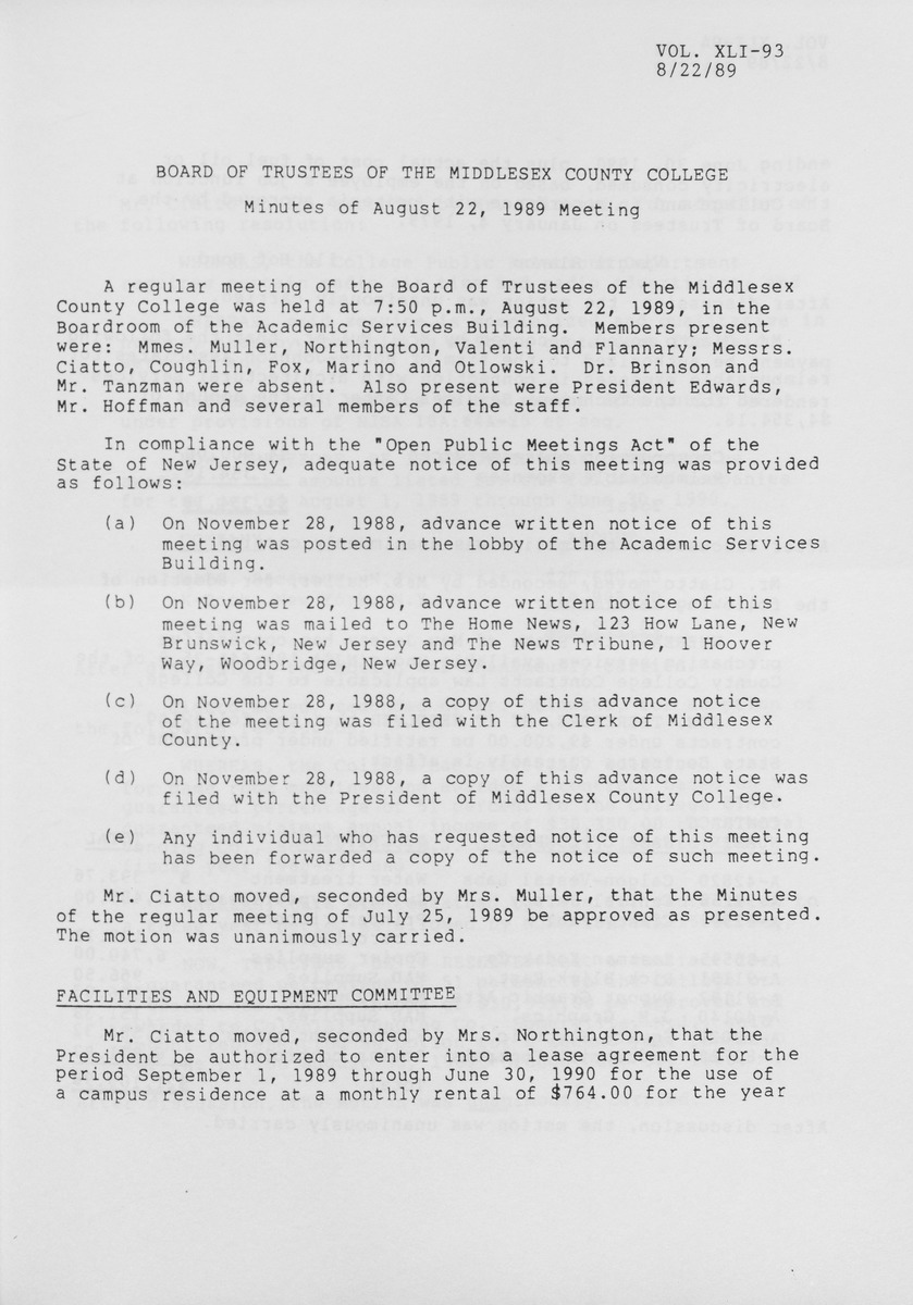 Board of Trustees Meeting Minutes August 1989 - Page 1
