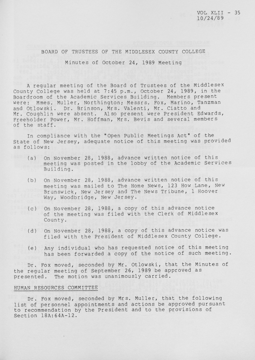 Board of Trustees Meeting Minutes October 1989 - Page 1