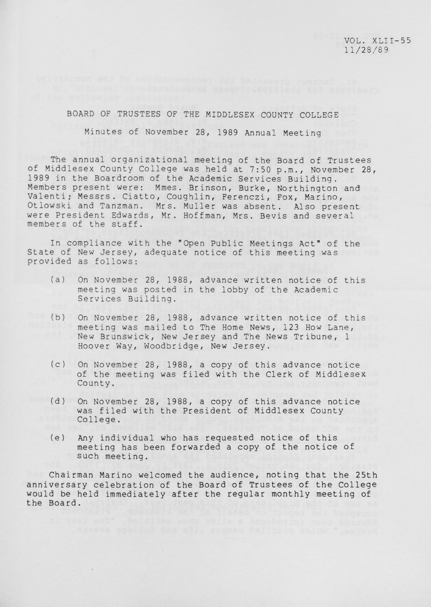 Board of Trustees Meeting Minutes November 1989 - Page 1