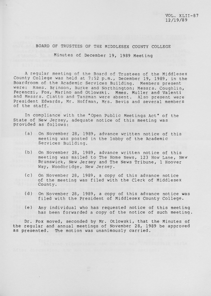 Board of Trustees Meeting Minutes December 1989 - page 1