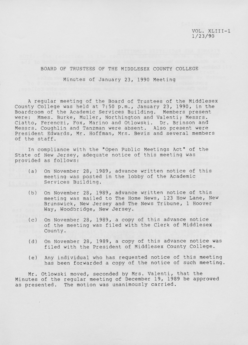 Board of Trustees Meeting Minutes January 1990 - Page 1