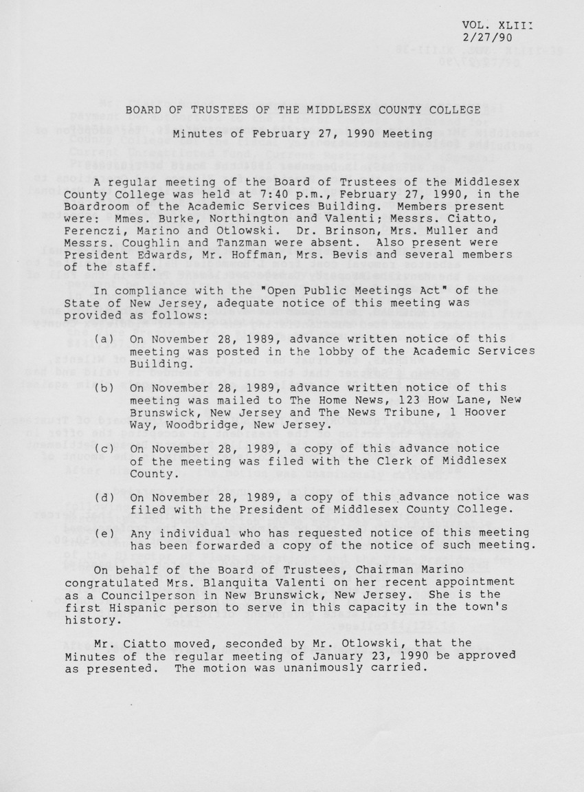 Board of Trustees Meeting Minutes February 1990 - Page 1