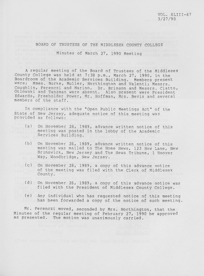 Board of Trustees Meeting Minutes March 1990 - New Page