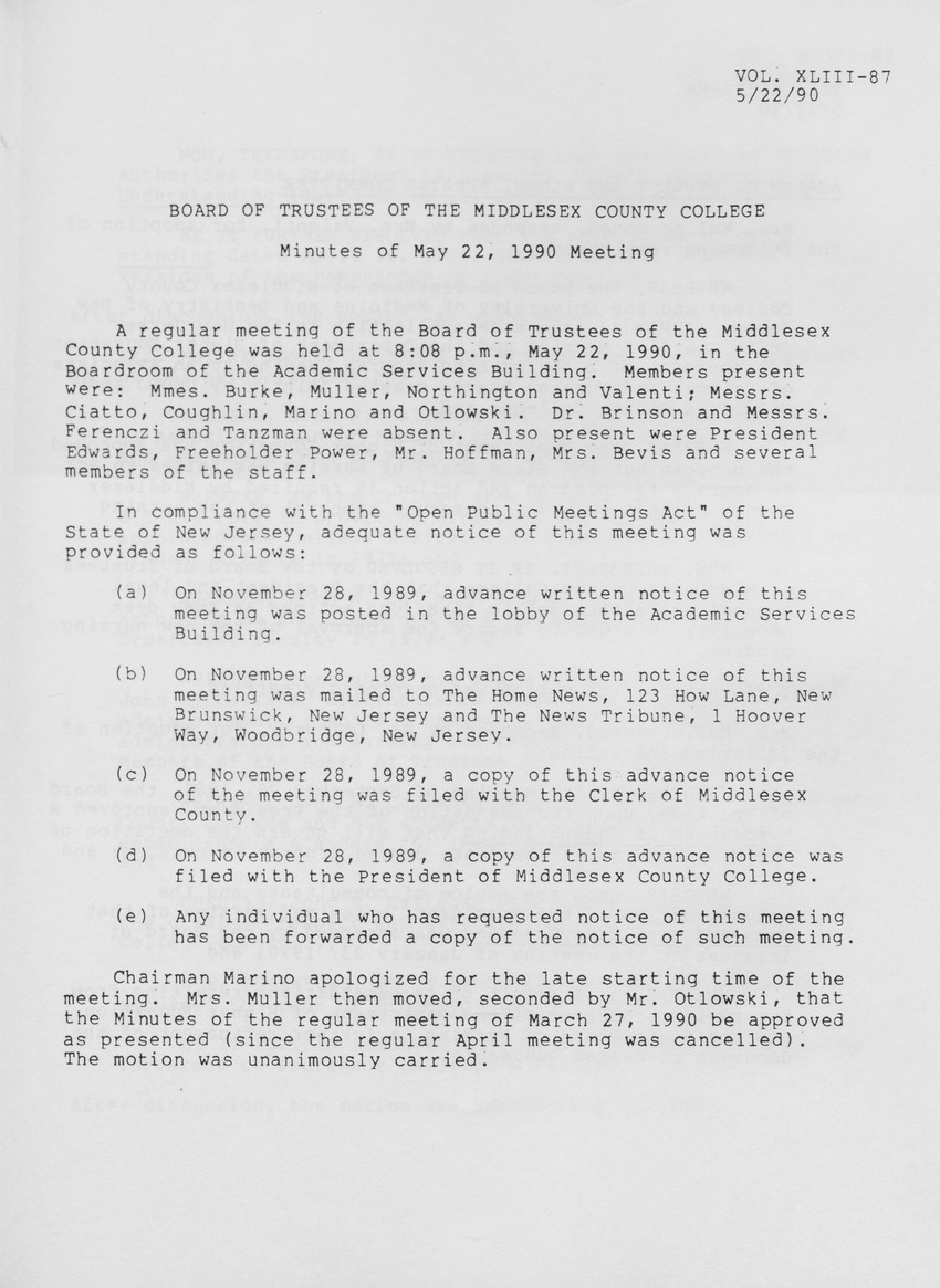 Board of Trustees Meeting Minutes May 1990 - Page 1