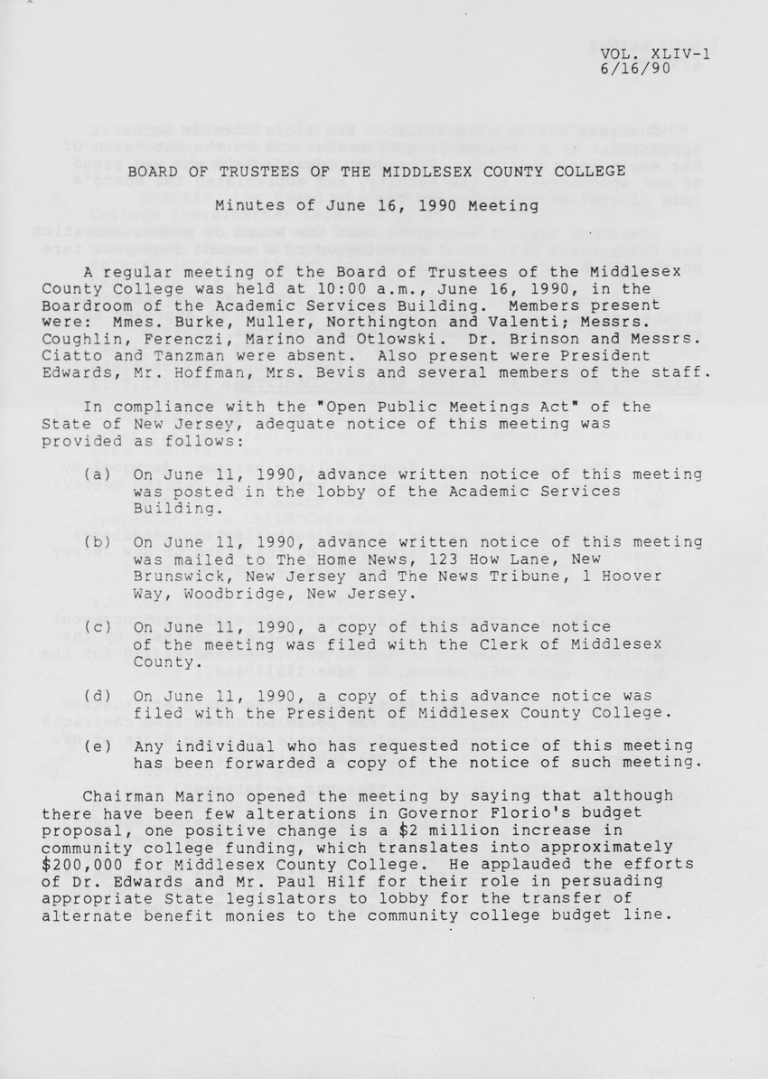 Board of Trustees Meeting Minutes June 1990 - Page 1