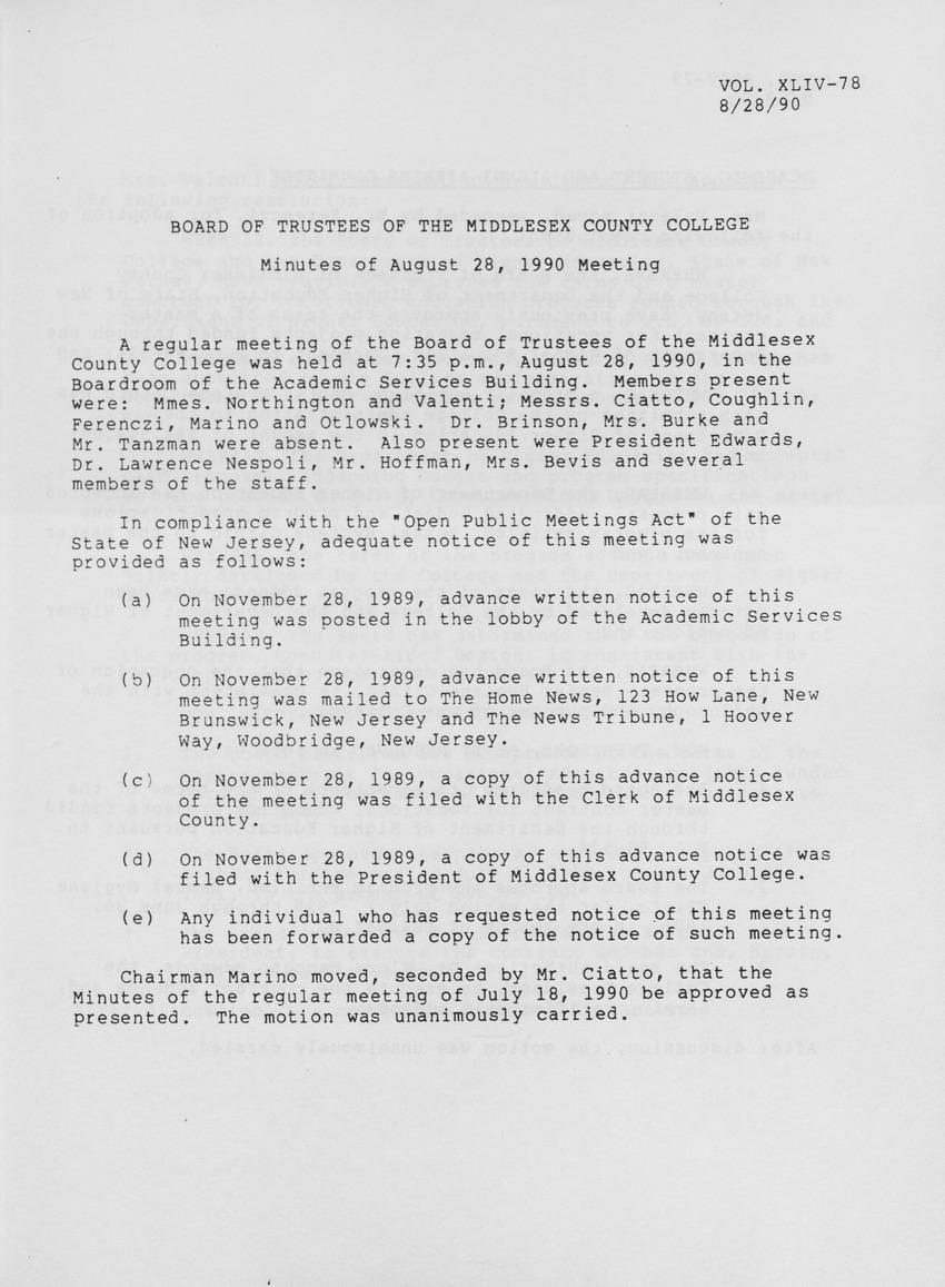 Board of Trustees Meeting Minutes August 1990 - Page 1