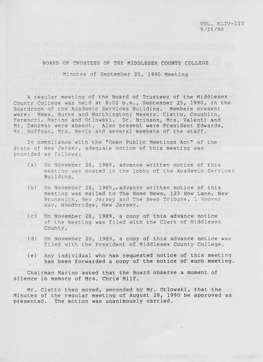 Board of Trustees Meeting Minutes September 1990 - Page 1
