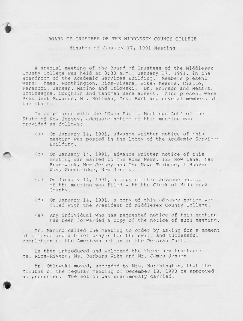 Board of Trustees Meeting Minutes January 1991 - Page 1