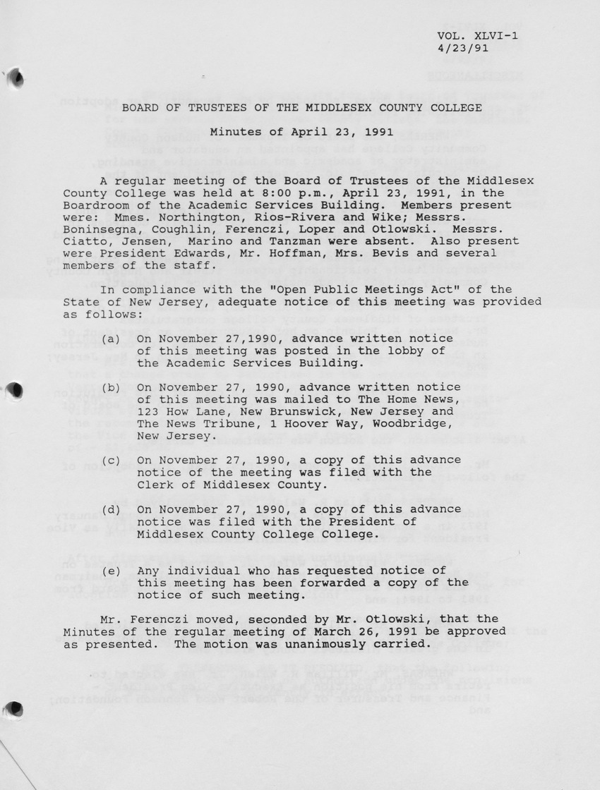 Board of Trustees Meeting Minutes April 1991 - Page 1