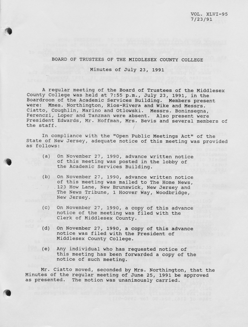 Board of Trustees Meeting Minutes July 1991 - Page 1