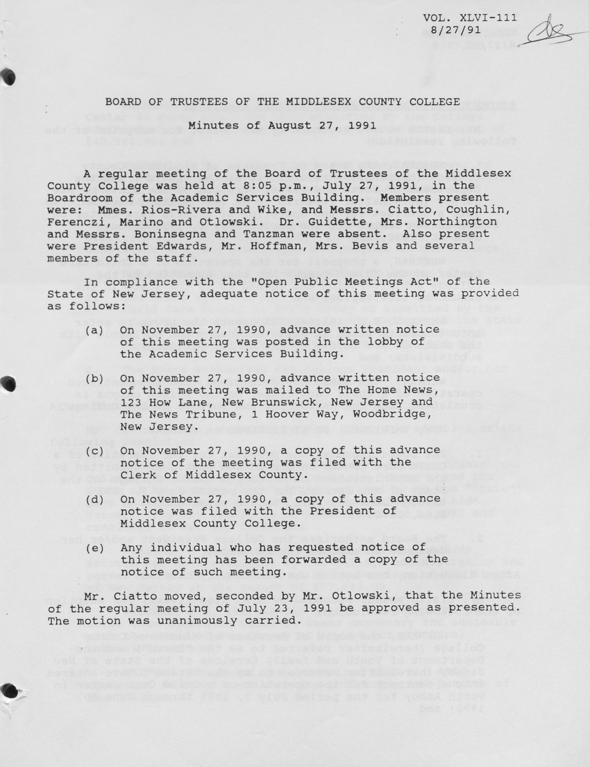 Board of Trustees Meeting Minutes August 1991 - Page 1