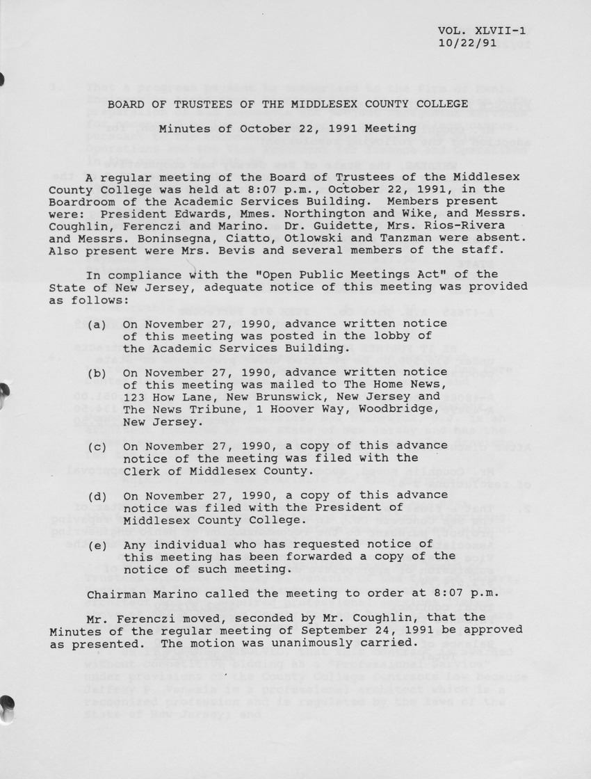 Board of Trustees Meeting Minutes October 1991 - Page 1