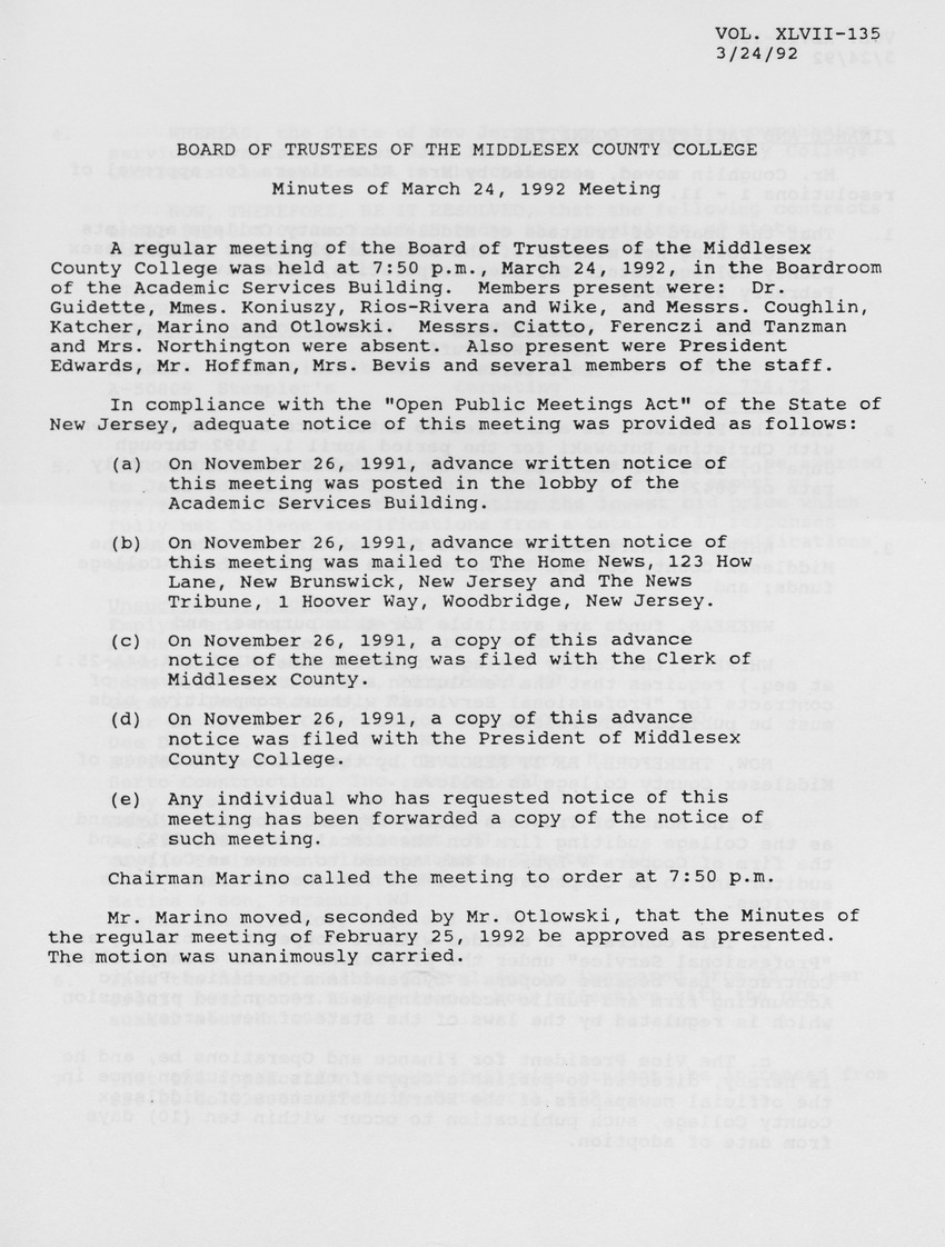 Board of Trustees Meeting Minutes March 1992 - Page 1