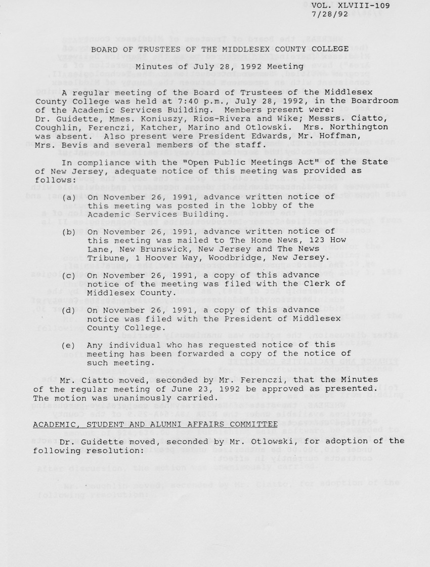 Board of Trustees Meeting Minutes July 1992 - Page 1