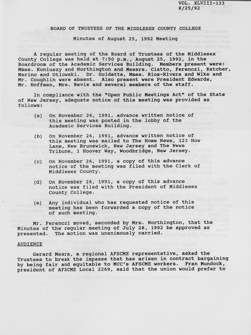 Board of Trustees Meeting Minutes August 1992 - Page 1