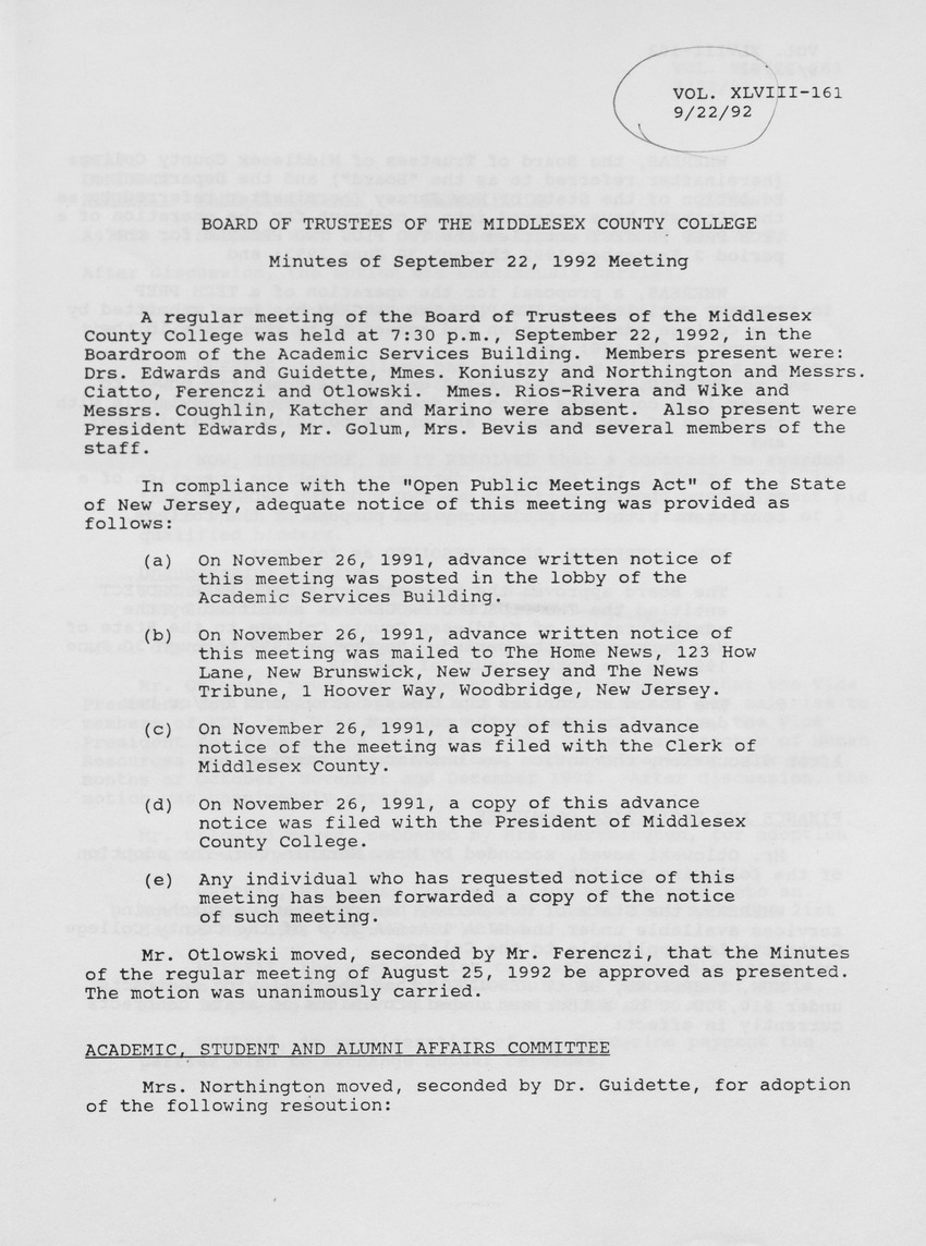 Board of Trustees Meeting Minutes September 1992 - Page 1