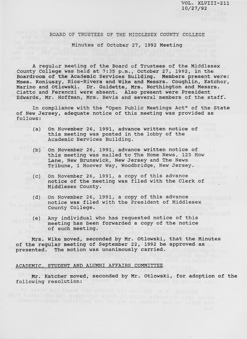 Board of Trustees Meeting Minutes October 1992 - Page 1