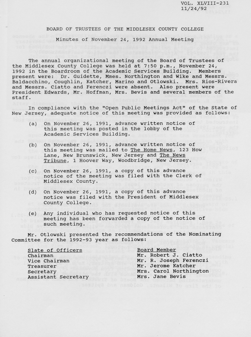 Board of Trustees Meeting Minutes November 1992 - Page 1