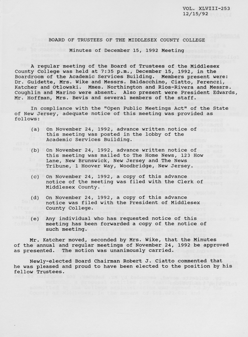 Board of Trustees Meeting Minutes December 1992 - Page 1